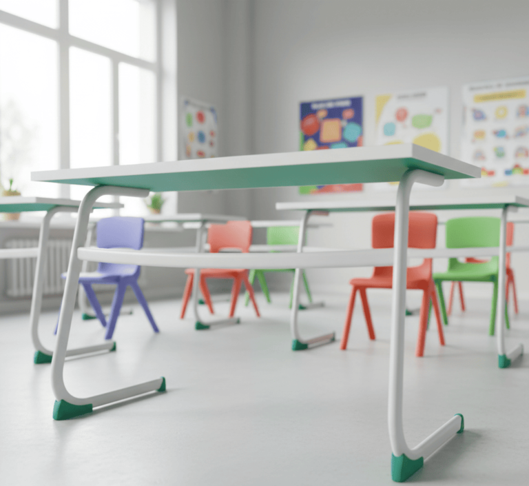 Mesa escolar binaria con estructura metálica gris para aulas