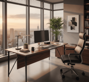 Mueble ejecutivo elegante con credenza lateral y amplio espacio de trabajo