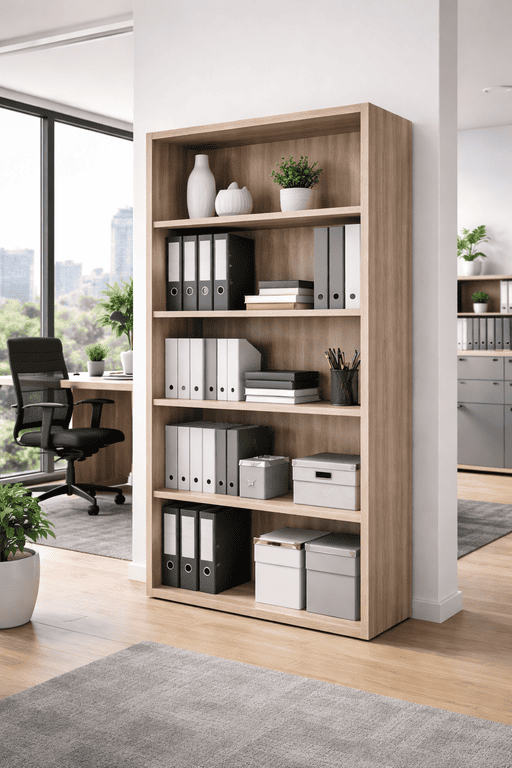 Librero abierto de melamina para oficina moderna en Guadalajara